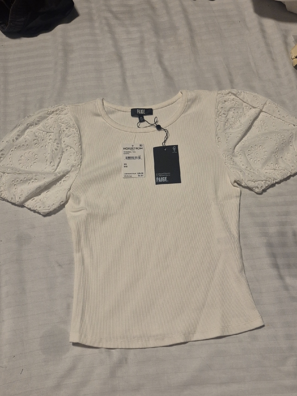 PAIGE White Ribbed Tee with Eyelet Puff Sleeves